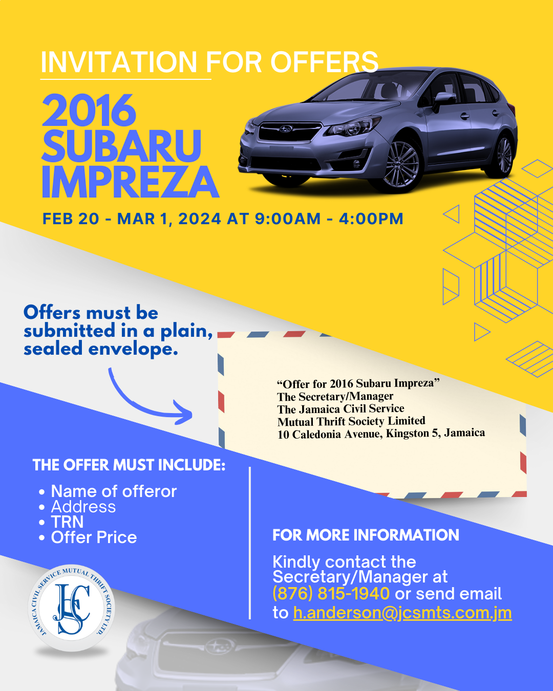 invitation for offers for 2016 subaru impreza